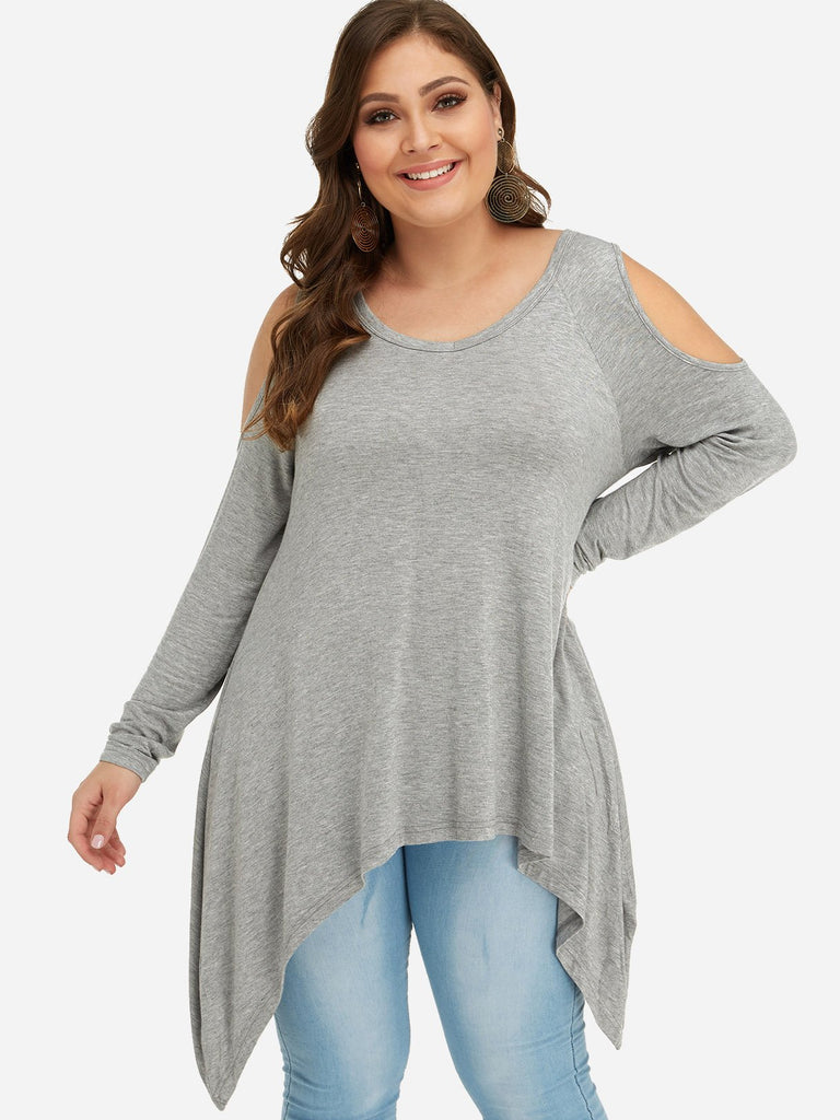 Scoop Neck Cold Shoulder Plain Cut Out Long Sleeve Handkerchief Hem Grey Plus Size Tops