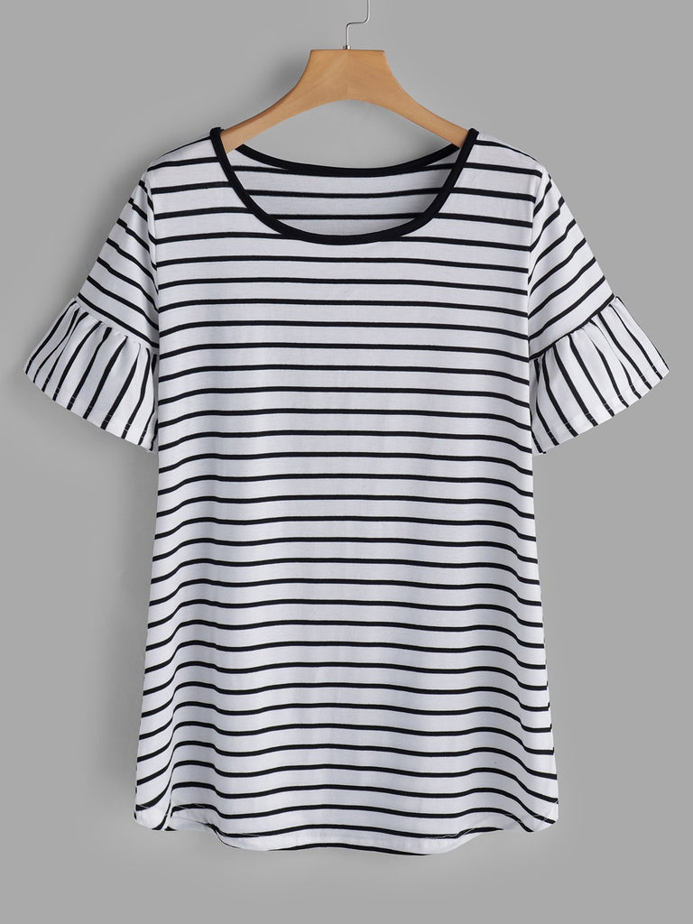 Round Neck Stripe Short Sleeve Black T-Shirts