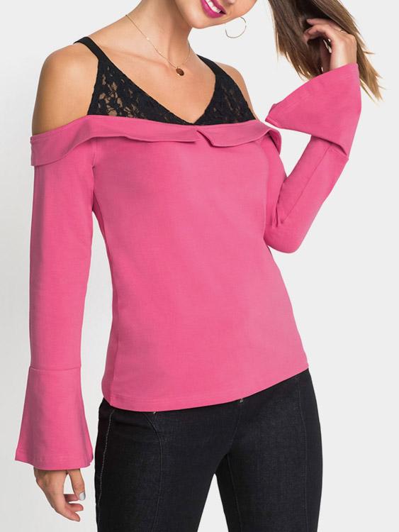 Cold Shoulder Pullover Lace Long Sleeve Pink T-Shirts