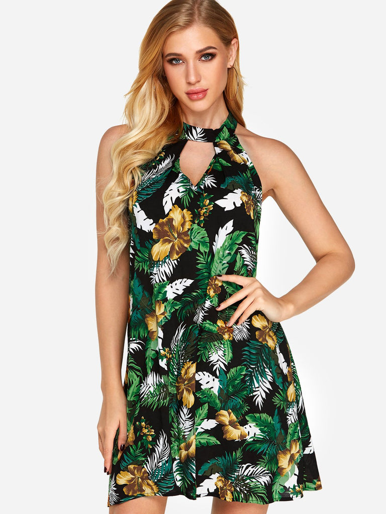 Halter Sleeveless Floral Print Backless Cut Out Mini Dress
