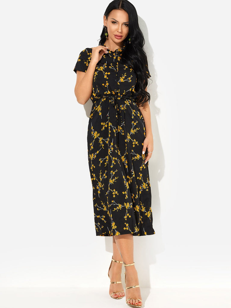 Black Round Neck Short Sleeve Floral Print Maxi Dress