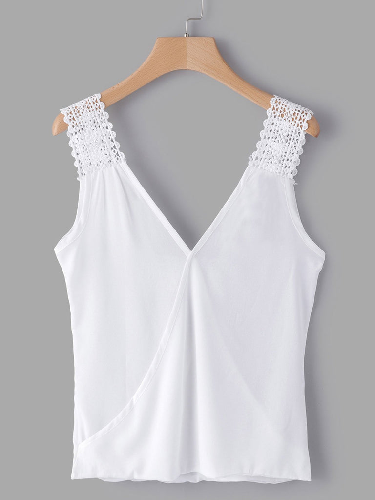 Deep V Neck Plain Backless Sleeveless White Blouses