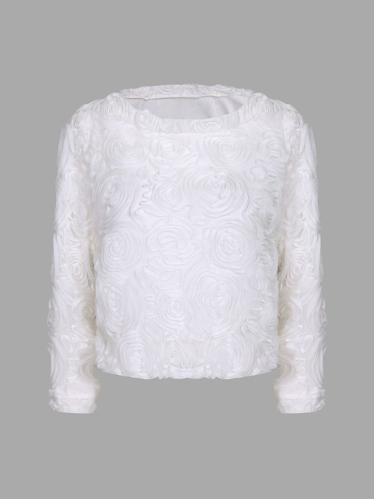 Long Sleeve Flower Pattern White T-Shirts