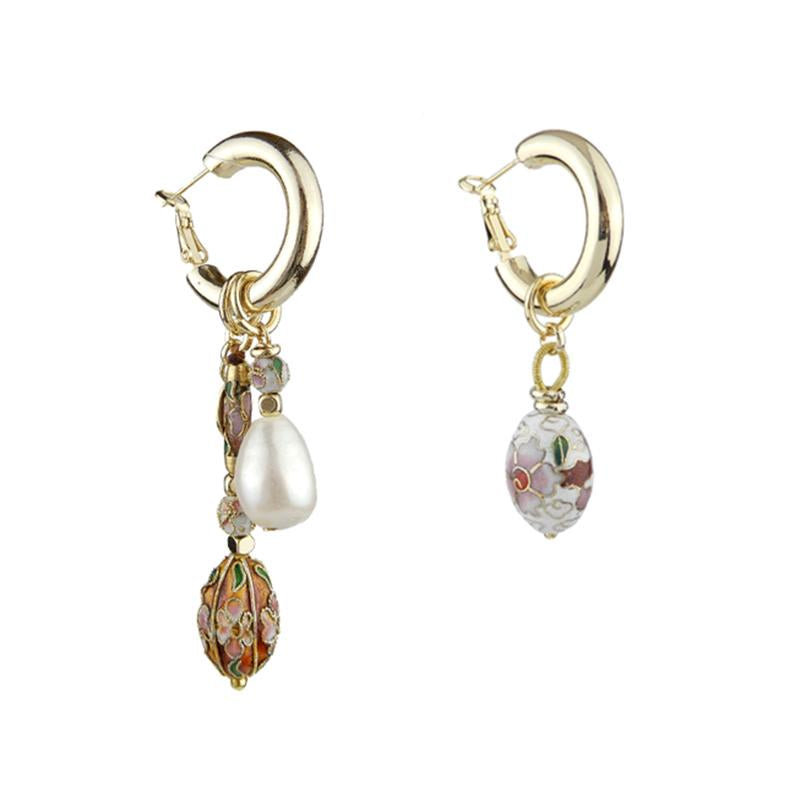 Mismatched Pearl Cloisonne Earrings