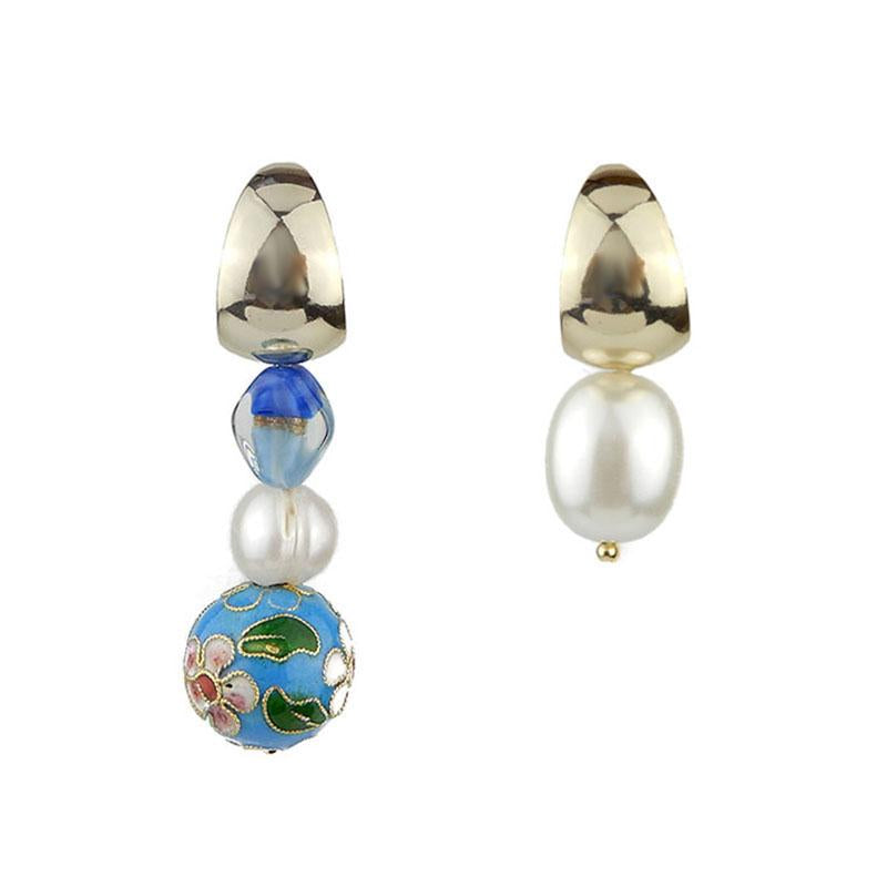 Asymmetrical Cloisonne Pearl Handmade Drop Earrings