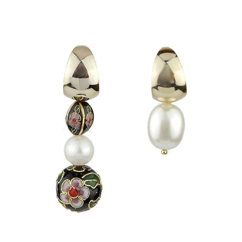 Asymmetrical Cloisonne And Pearl Earrings