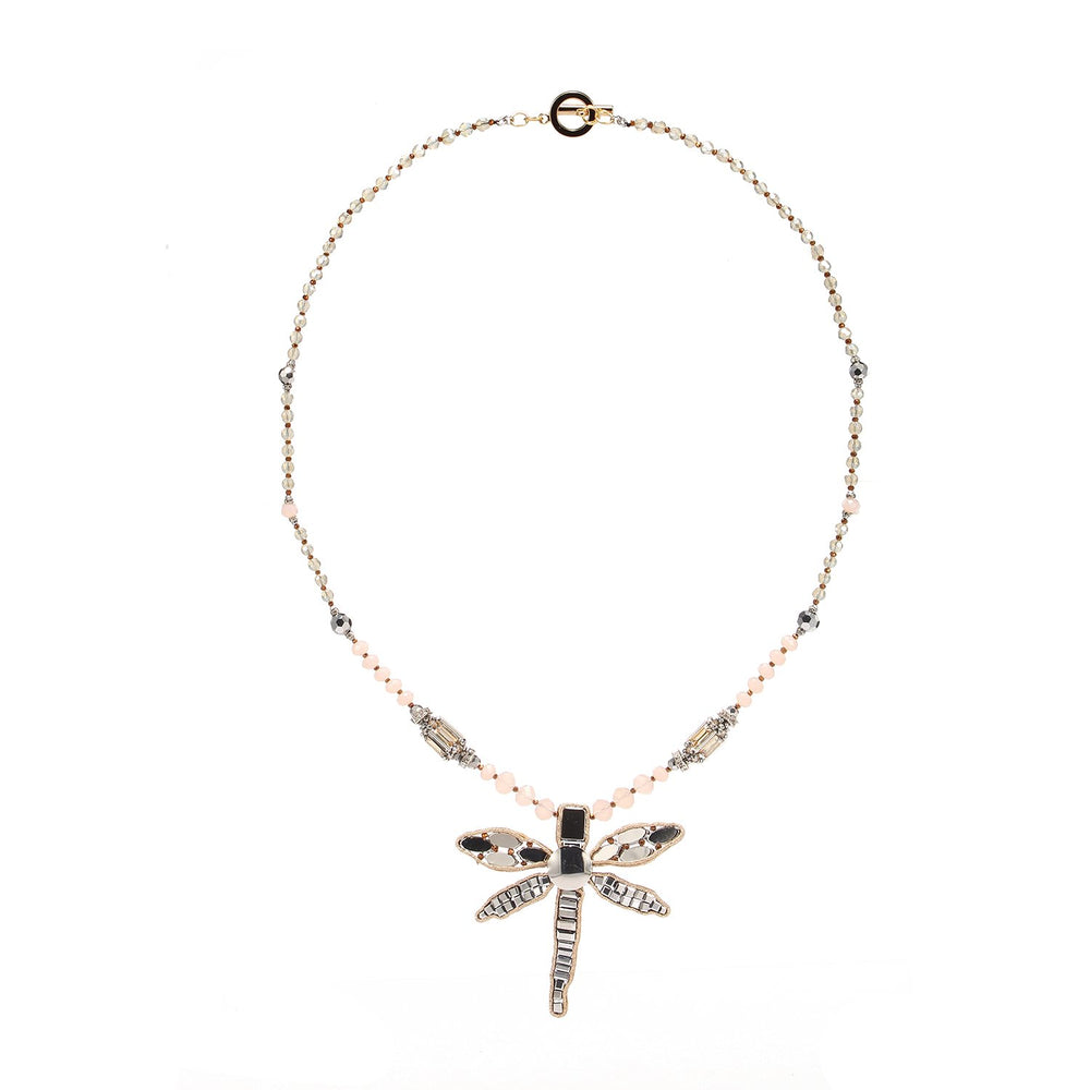 Luxurious Beaded Embroidered Dragonfly Pendent Handcrafted Necklace