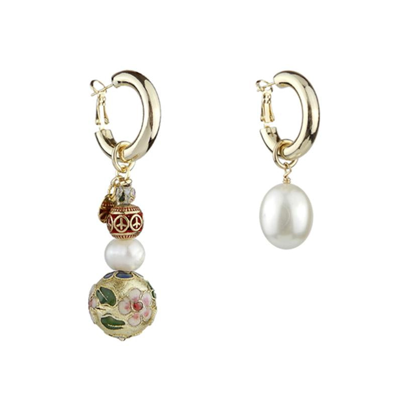 Mismatched Cloisonne Pearl Earring Set