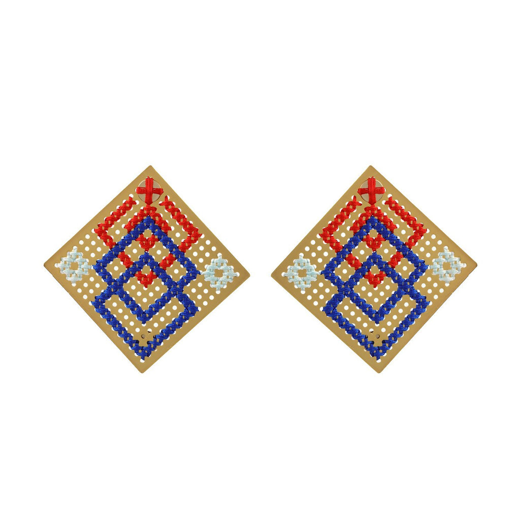 Cross Stitch Statement Handmade Earrings Geometrical Shape