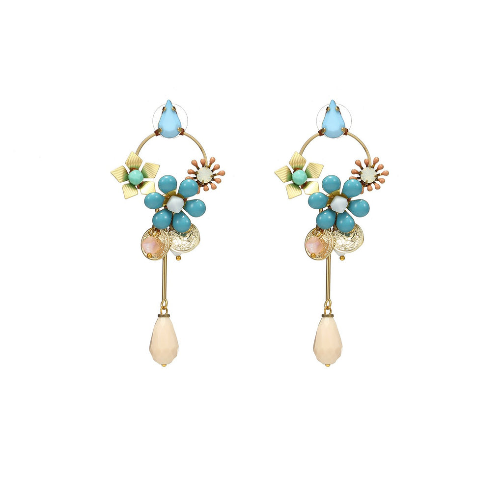 Enamel Flower Handmade Drop Earrings With Crystal