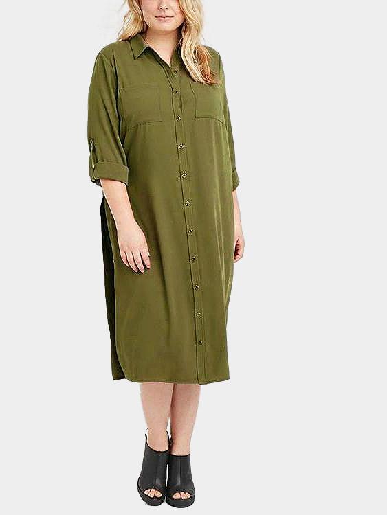 Classic Collar Plain Two Large Pockets Long Sleeve Slit Hem Green Plus Size Dresses