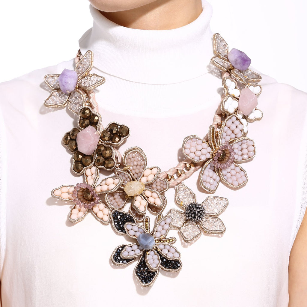 Floral Statement Necklace With Multi Gemstones
