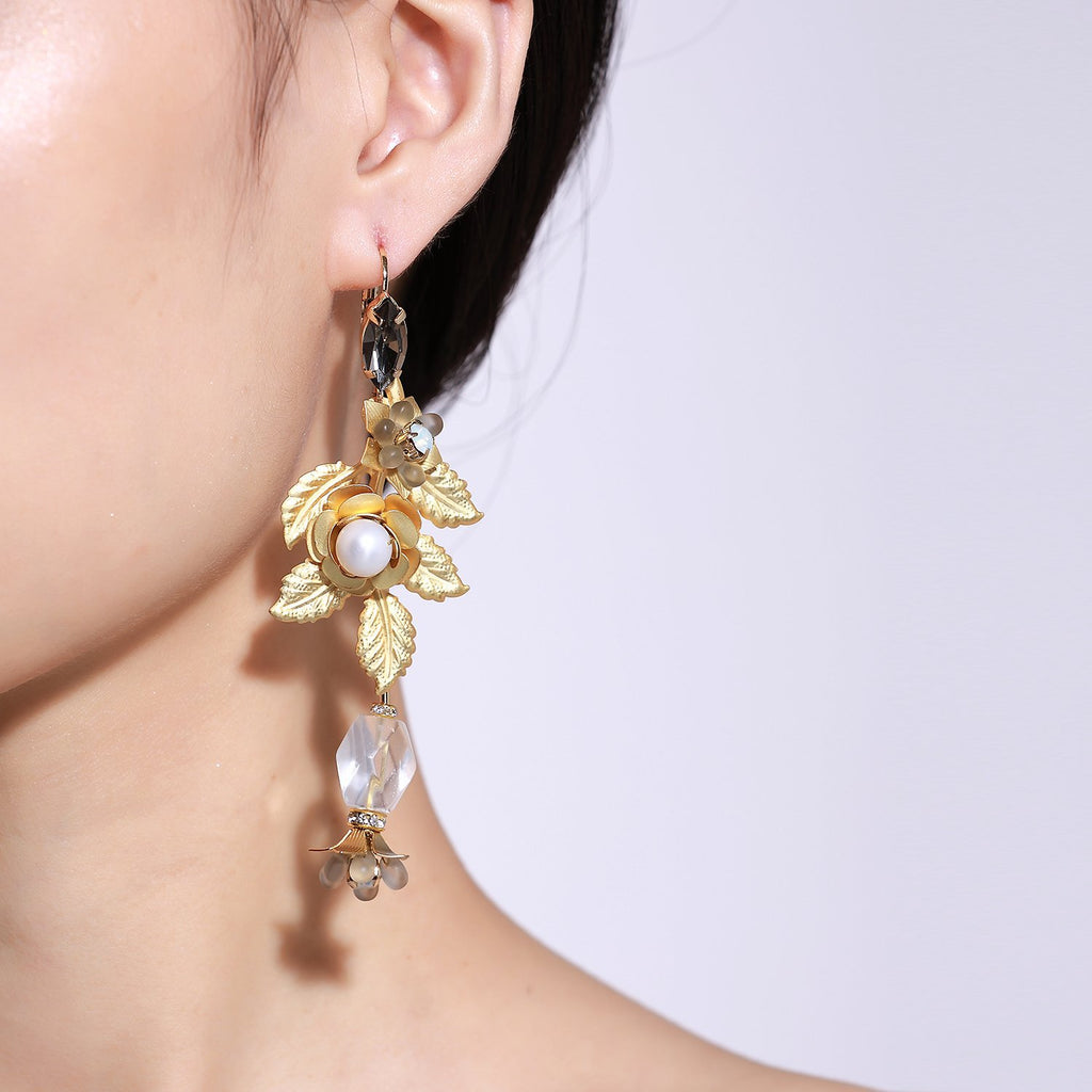 Gold Rose And Leaf Earrings With Clear Stone Drop