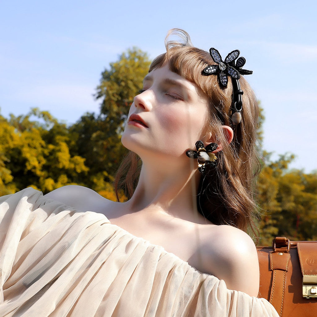 Black Headband With Crystal Flowers