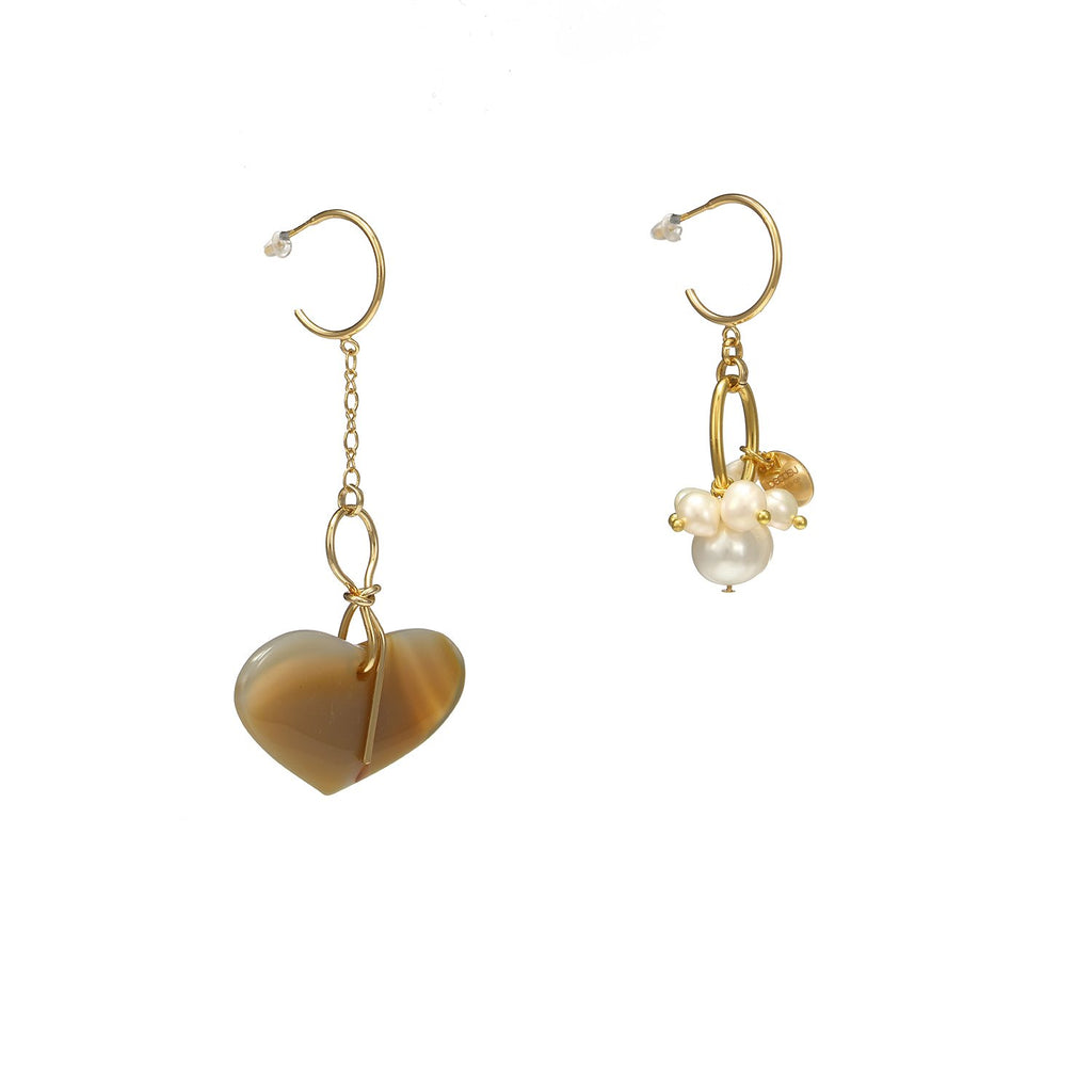 Asymmetrical Heart Agate And Pearl Earrings