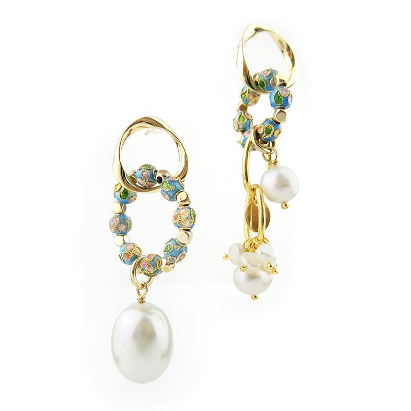 Best Handmade Asymmetrical Pearl Cloisonne Earrings