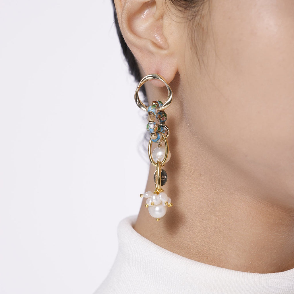 Asymmetrical Pearl Cloisonne Earrings