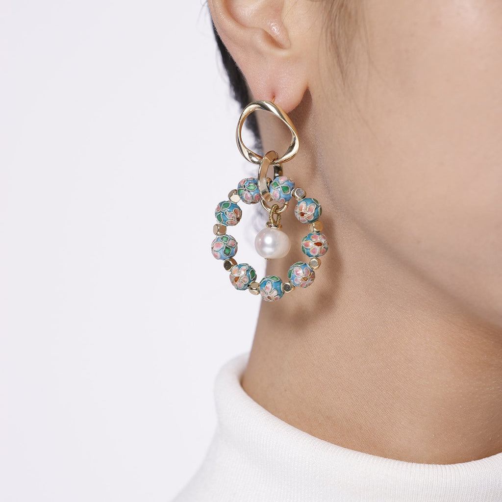 Asymmetrical Pearl Cloisonne Earrings