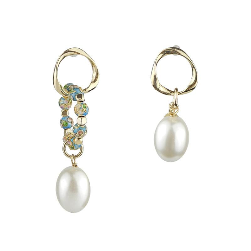 Discount Handmade Asymmetrical Pearl Cloisonne Earrings