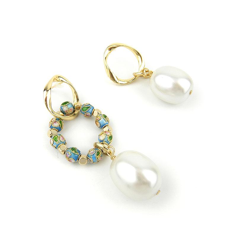 Asymmetrical Pearl Cloisonne Earrings