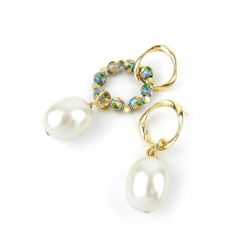 Asymmetrical Pearl Cloisonne Earrings