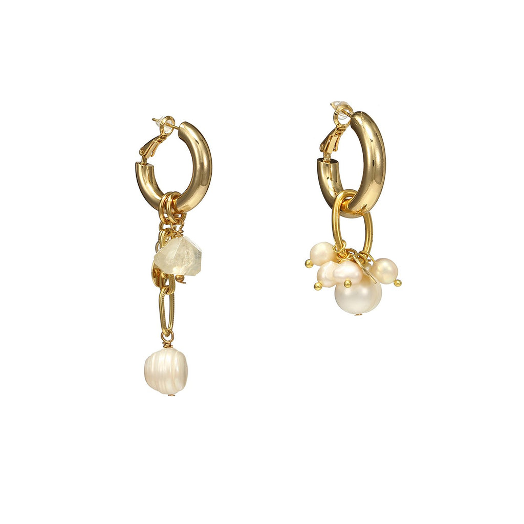 Mismatched Citrine Pearls Cross Earrings