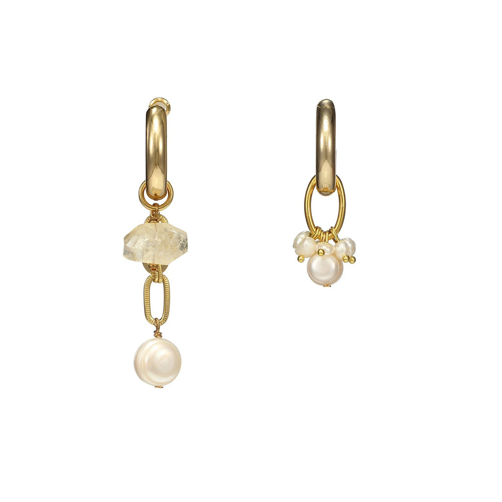 Mismatched Citrine Pearls Cross Earrings