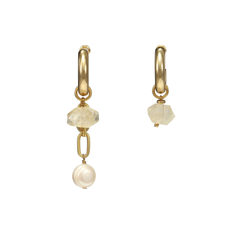 Mismatched Citrine Pearls Cross Earrings