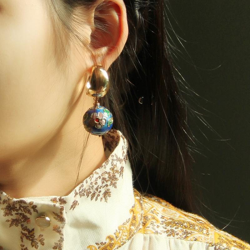 Mismatched Cloisonne Statement And Pearl Earrings