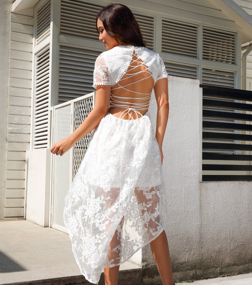 White V-Neck Short Sleeve Sheer Lace Backless Lace-Up Irregular Hem Mini Dress