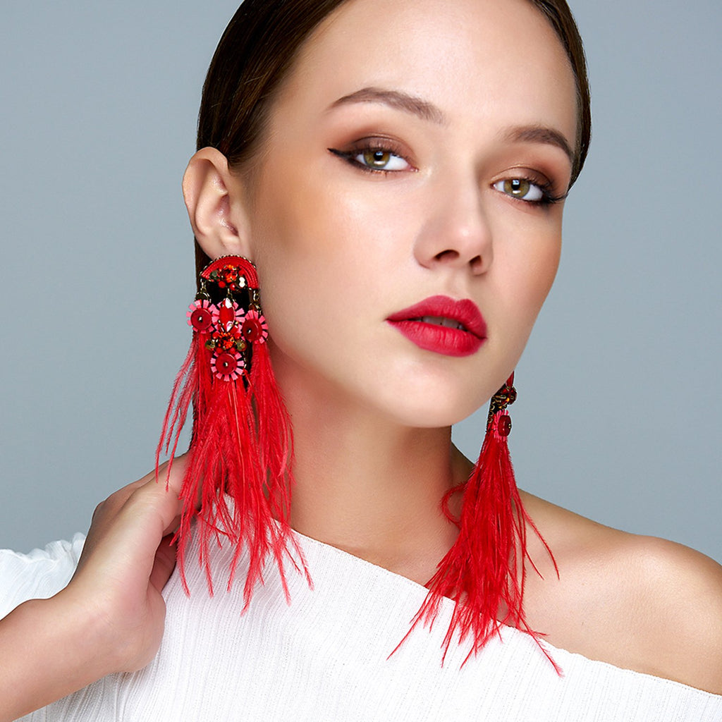 Statement Earrings With Dangling Ostrich Feather