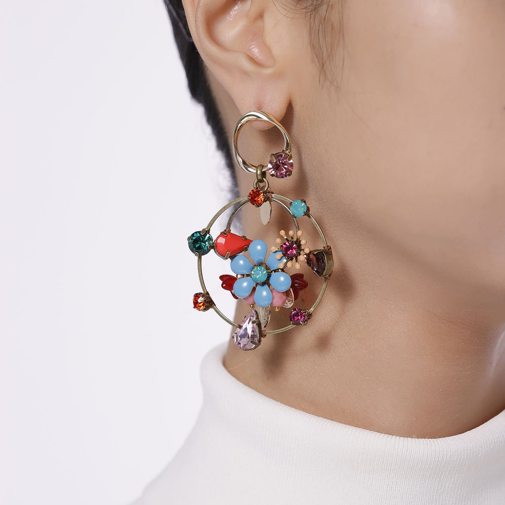 Triple Hoops Enamel Flower Statement Earrings