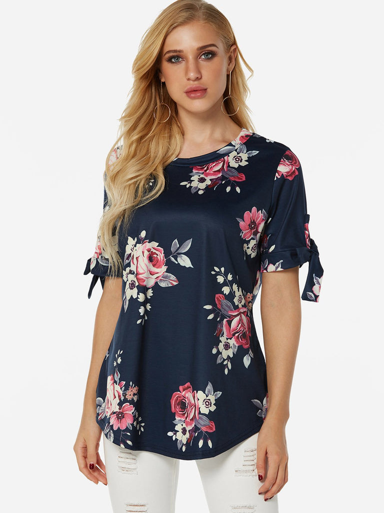 Round Neck Floral Print Lace-Up Self-Tie Short Sleeve T-Shirts