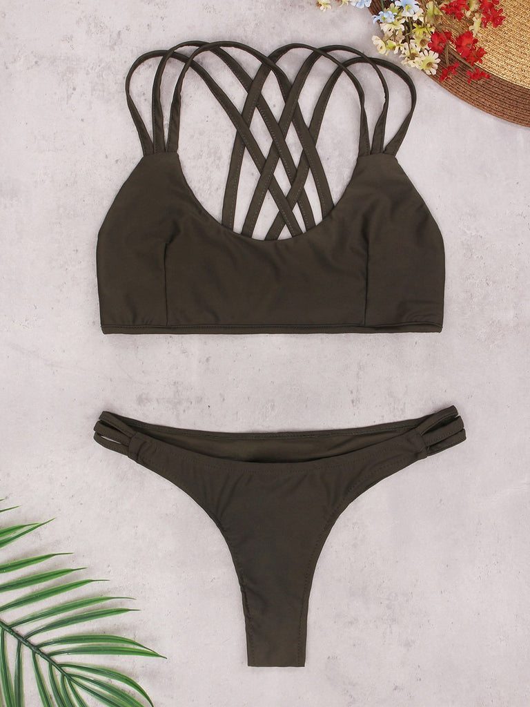 V-Neck Sleeveless Army Green Bikinis