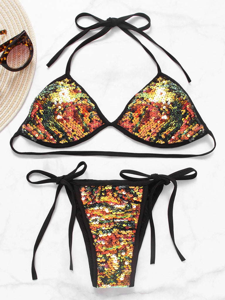 Black Halter V-Neck Sleeveless Fantasy Colour Sequins Embellished Tie-Up Bikinis