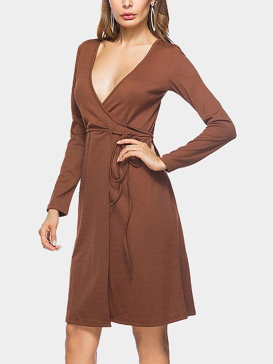 Brown Deep V Neck Long Sleeve Wrap Midi Dress