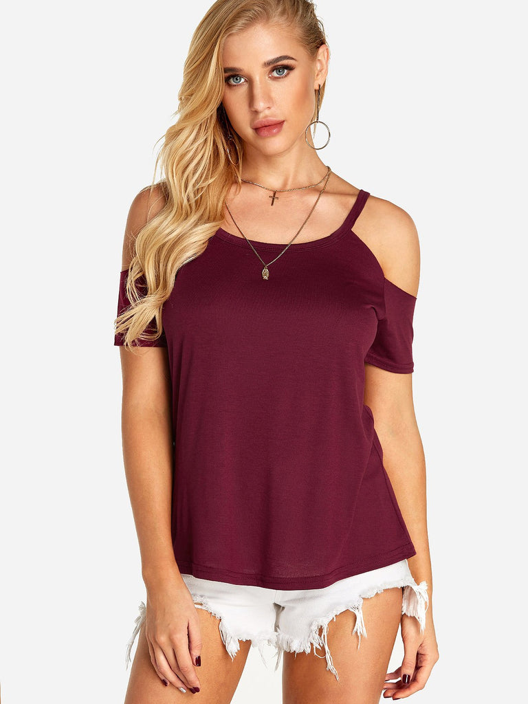 Cold Shoulder Plain Short Sleeve T-Shirts