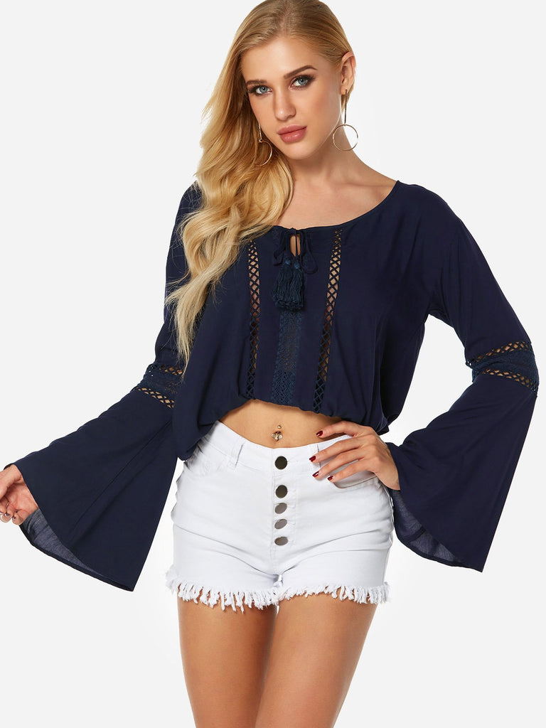 Round Neck Plain Lace Hollow Self-Tie Long Sleeve Navy Blouses