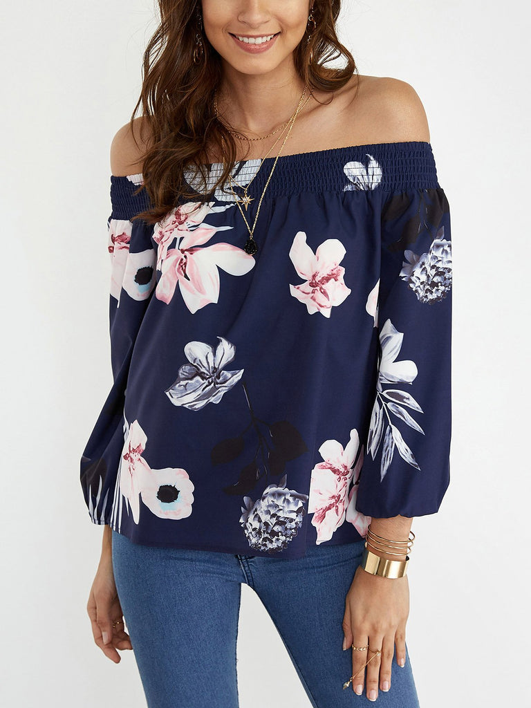 Off The Shoulder Floral Print Long Sleeve Navy Blouses