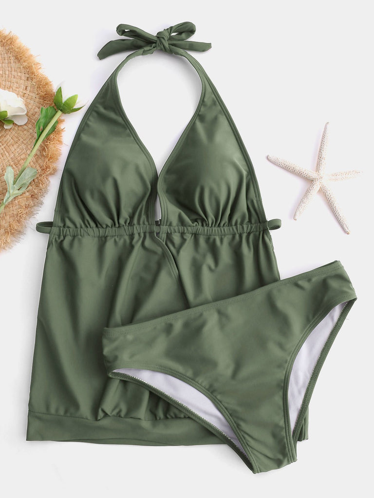 Green Halter V-Neck Plain Crossed Front Tie-Up Tankinis