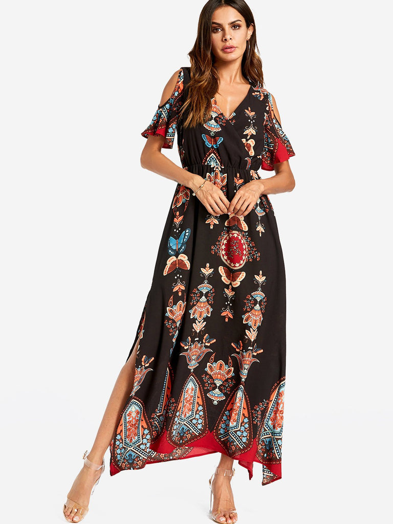 Black V-Neck Cold Shoulder Short Sleeve Printed Slit Maxi Dresses