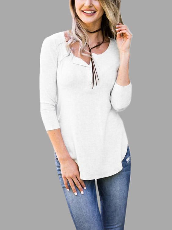 3/4 Sleeve Curved Hem White T-Shirts