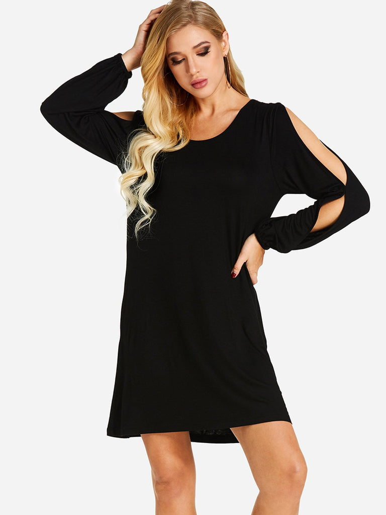 Black Cold Shoulder Long Sleeve Plain Cut Out Mini Dress