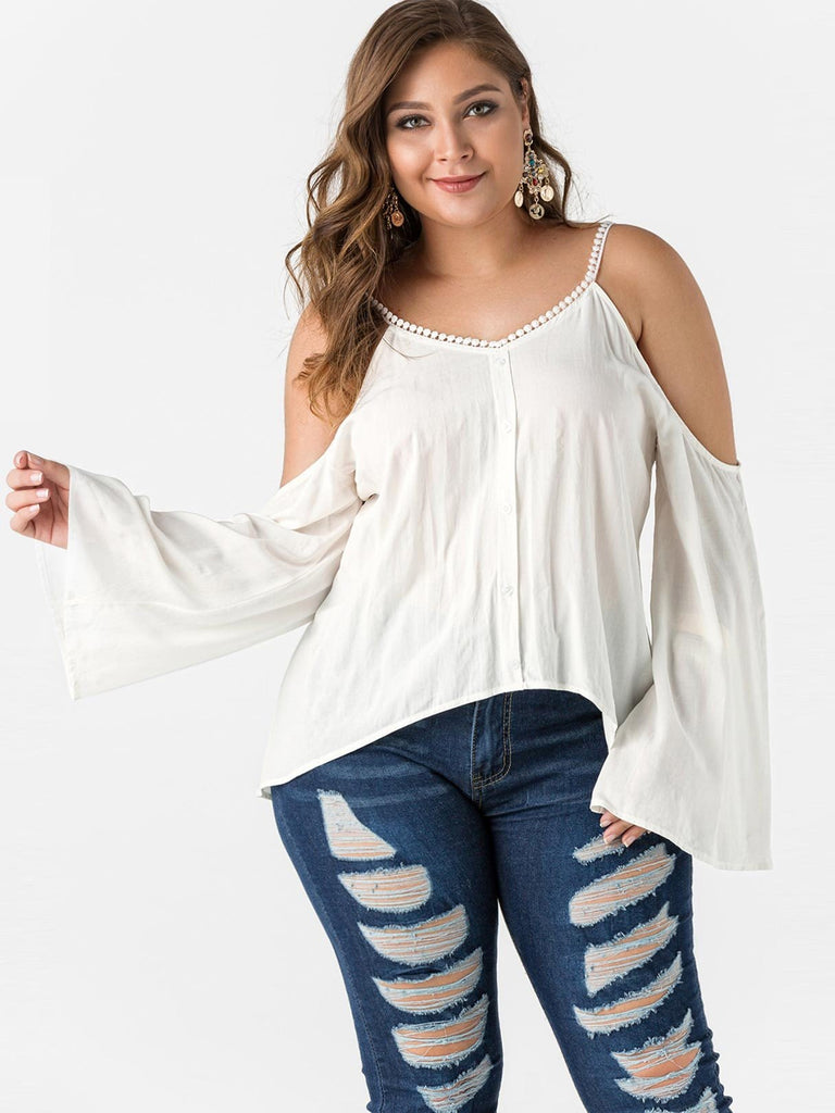 V-Neck Cold Shoulder Plain Crochet Lace Embellished Long Sleeve White Plus Size Tops
