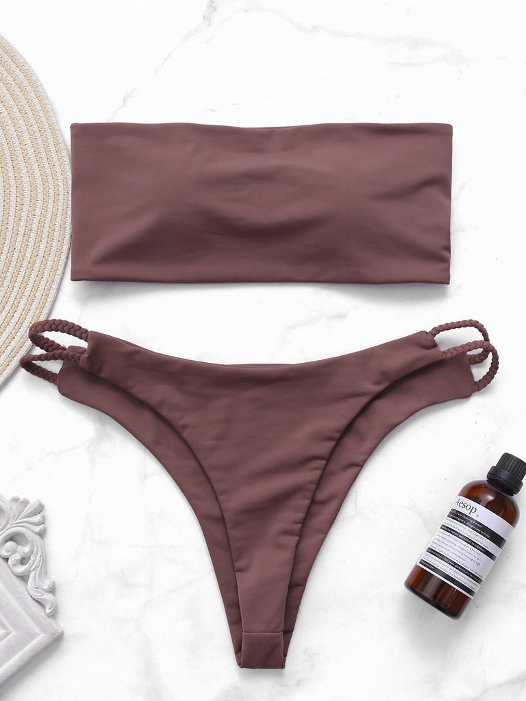 Rose Off The Shoulder Sleeveless Plain Lace-Up Bikinis