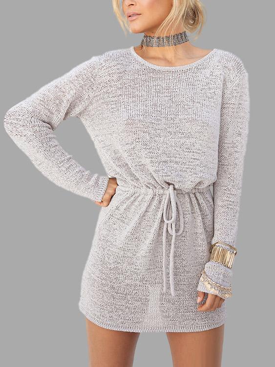 Grey Round Neck Long Sleeve Backless Mini Dress