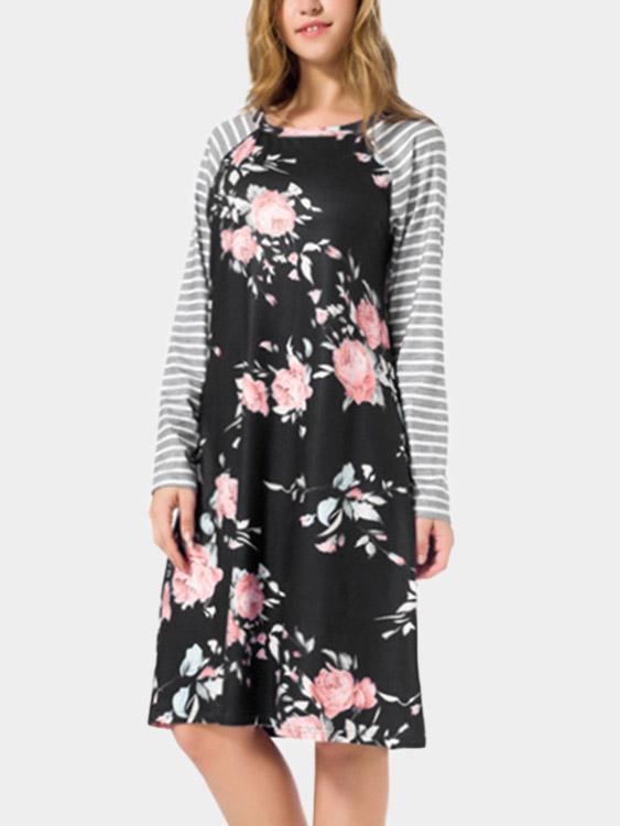 Round Neck Long Sleeve Floral Print Black Dresses