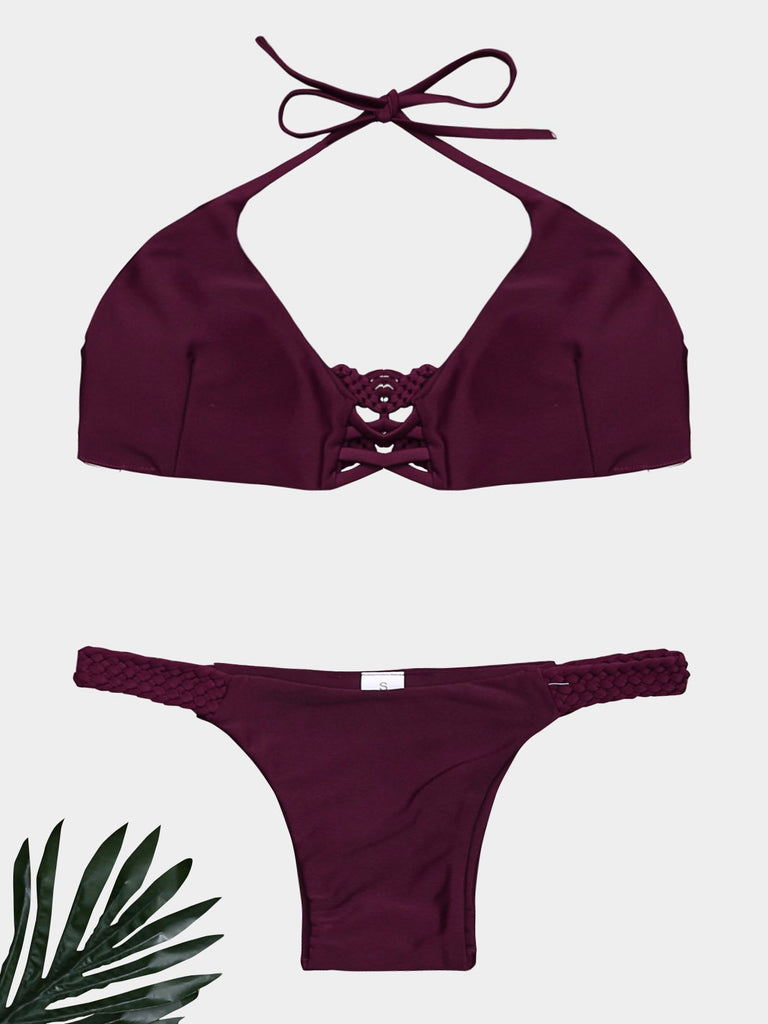 Halter Deep V Neck Sleeveless Plain Lace-Up Two Piece Bikinis
