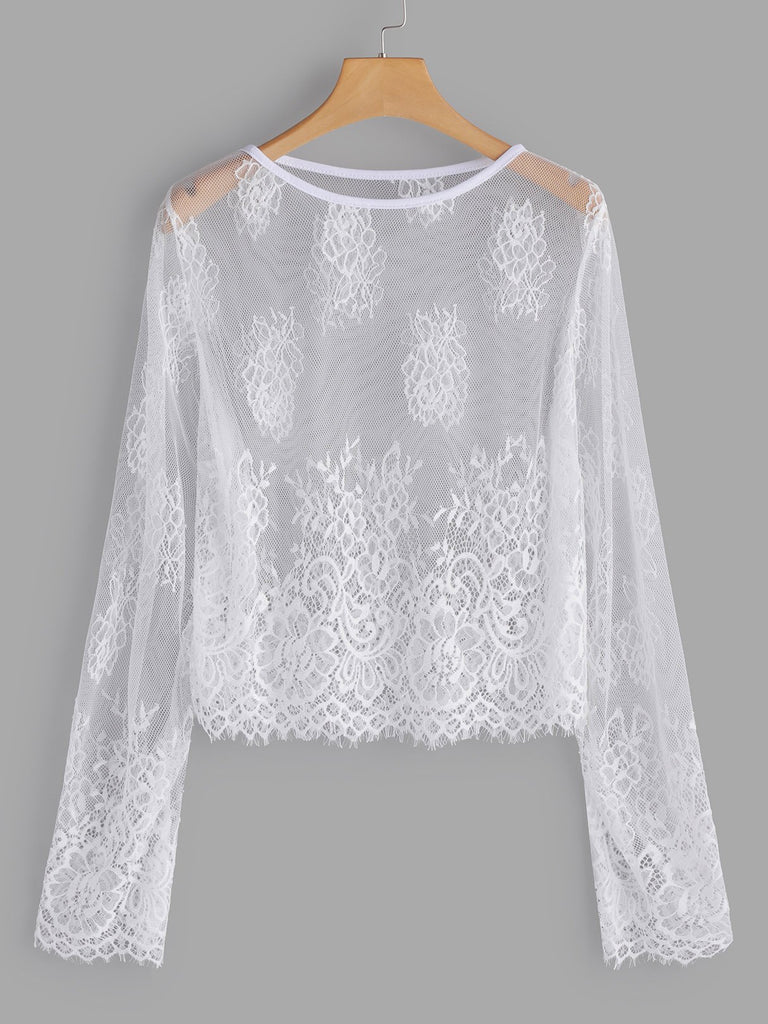 Scoop Neck Plain Lace Long Sleeve Flounced Hem White Plus Size Tops