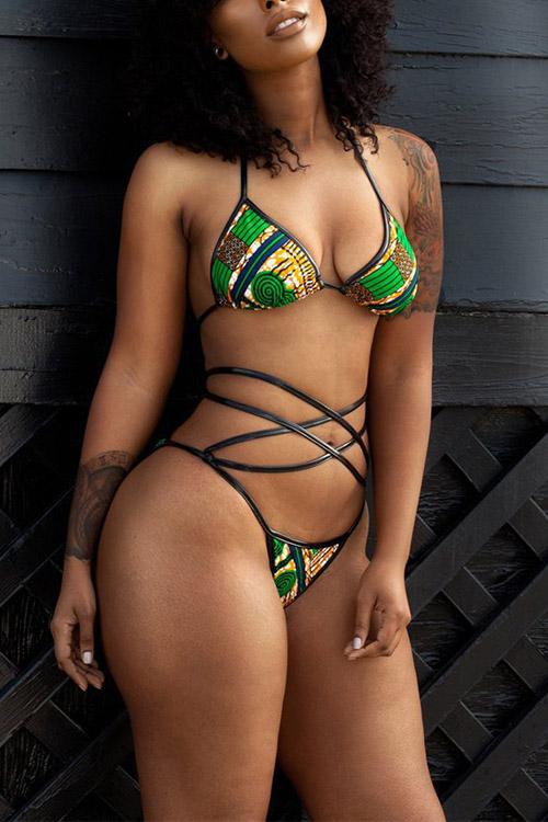 Halter Sleeveless Floral Print Backless Wireless Two Piece Bikini